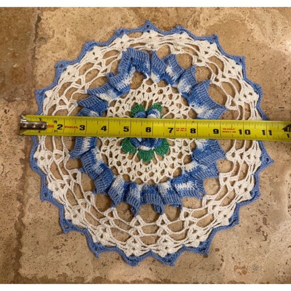 Handmade Crochet Doilies Set Of 2 With Floral Patterns In Blue/White/Green & Pur - Picture 3 of 7